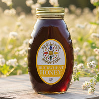 Buckwheat honey in a 1 pound container