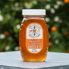 Orange blossom honey in a 8 oz. container.