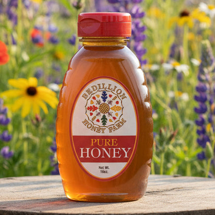 Wildflower honey in a 1 pound container