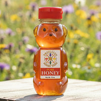 Wildflower honey in a 12 oz. honey bear container
